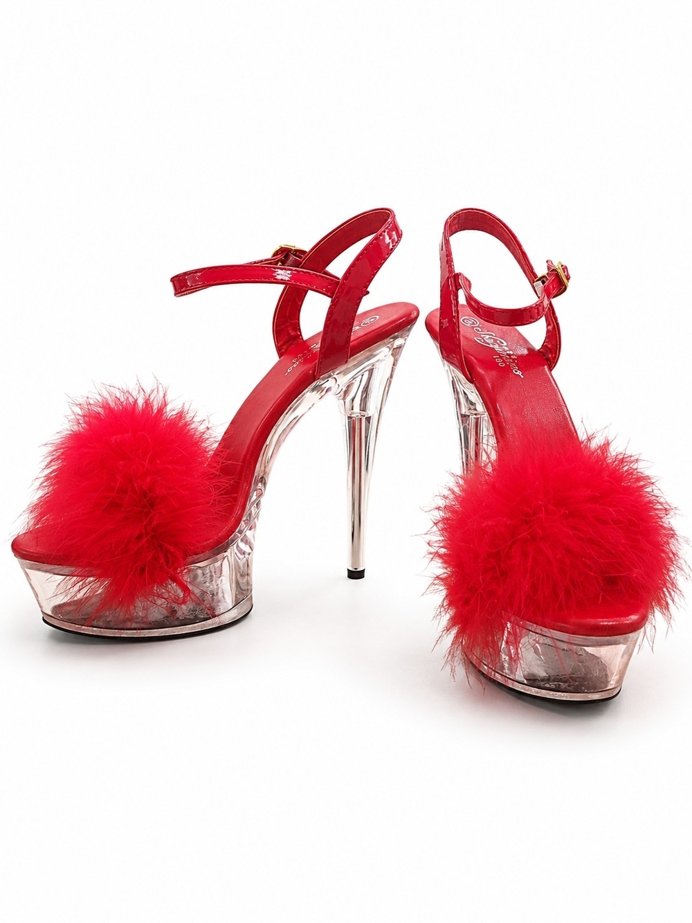 Red Marabou Feather Platform Stiletto Heels Clear Acrylic Pole Dance Fetish Sz 8